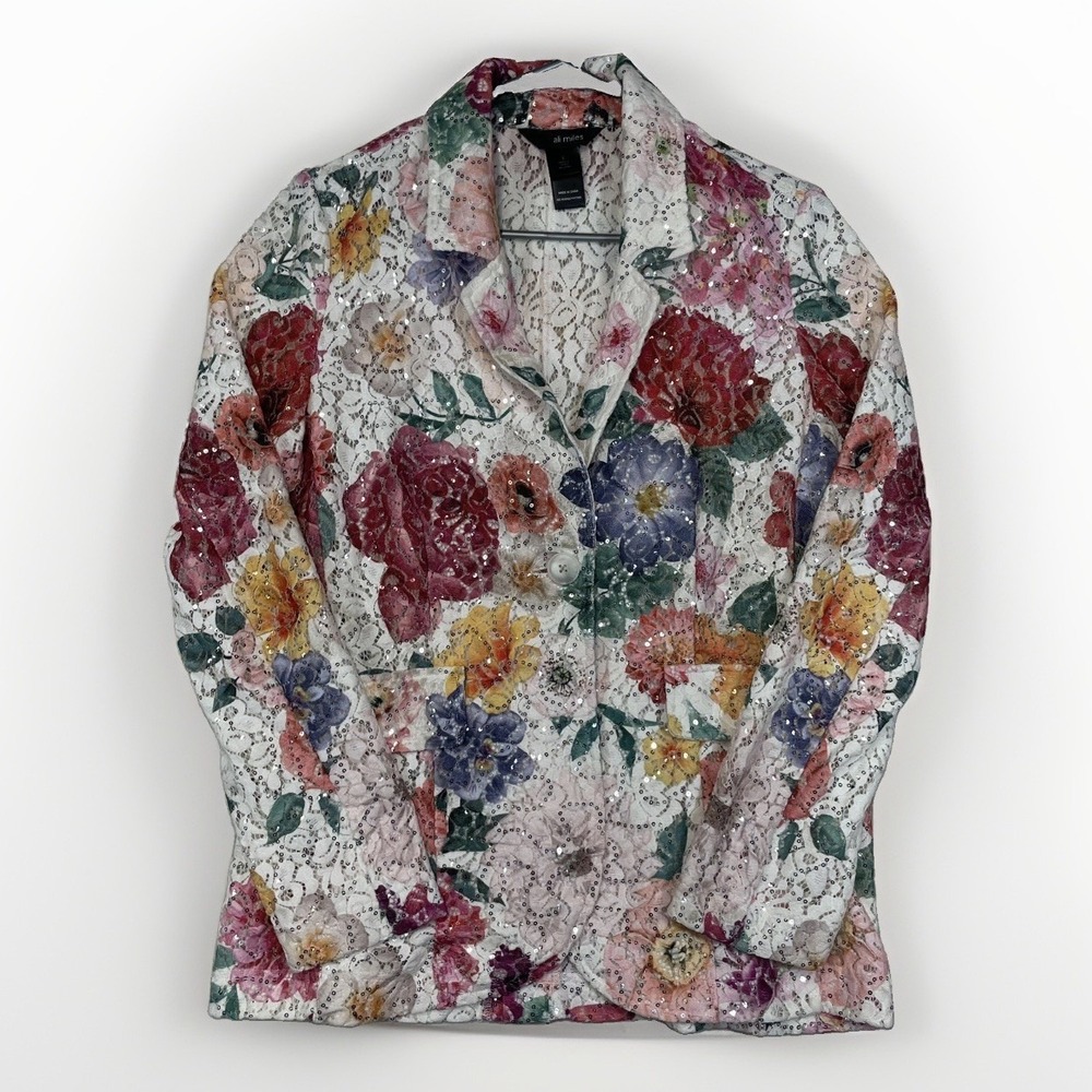Ali Miles Small Floral Print Lace Sequin Jacket Top One Button Blazer Artsy